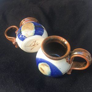 PAIR Vintage 1970s Art Pottery No Spill Fat Bottom Mugs - EUC